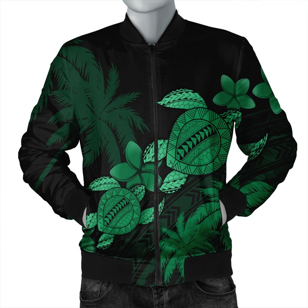 Hawaii Turtle Plumeria Coconut Tree Polynesian Bomber Jacket - Green - AH Black Unisex - Polynesian Pride