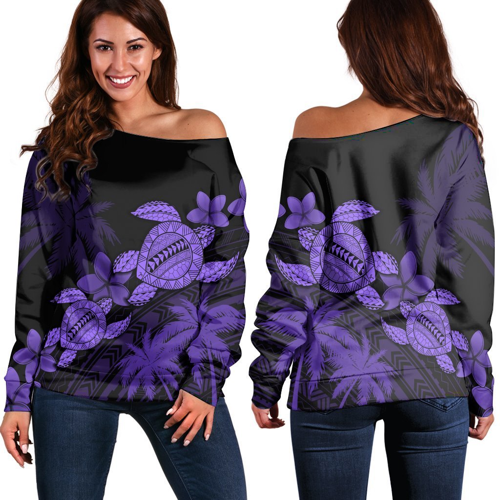 Hawaii Turtle Plumeria Coconut Tree Polynesian Women's Off Shoulder Sweater - Purple - AH Black - Polynesian Pride