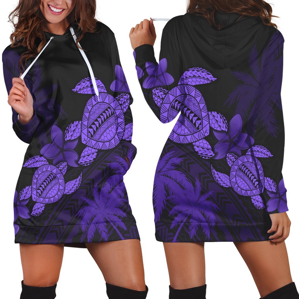 Hawaii Turtle Plumeria Coconut Tree Polynesian Hoodie Dress - Purple - AH Black - Polynesian Pride