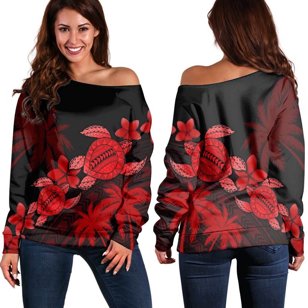 Hawaii Turtle Plumeria Coconut Tree Polynesian Women's Off Shoulder Sweater - Red - AH Black - Polynesian Pride