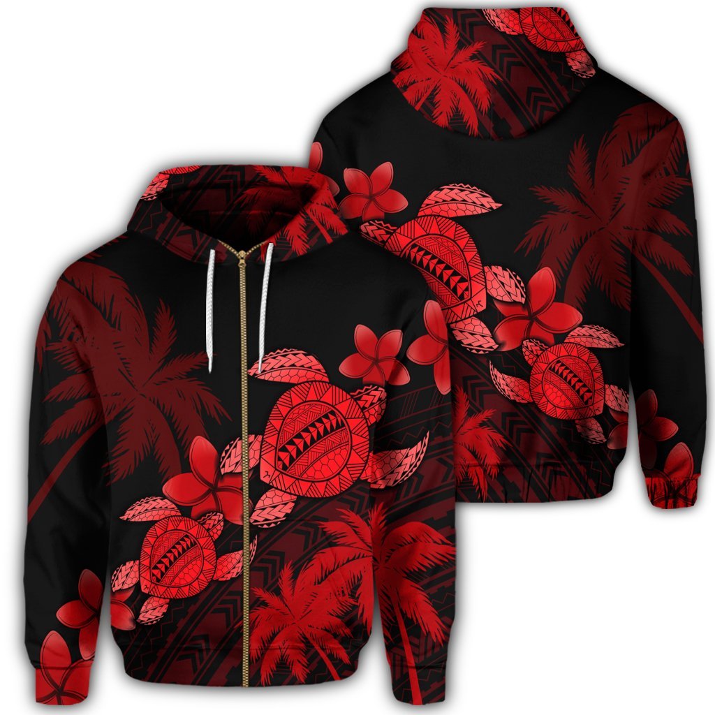 Hawaii Turtle Plumeria Coconut Tree Polynesian Zip Hoodie Red Unisex Art - Polynesian Pride