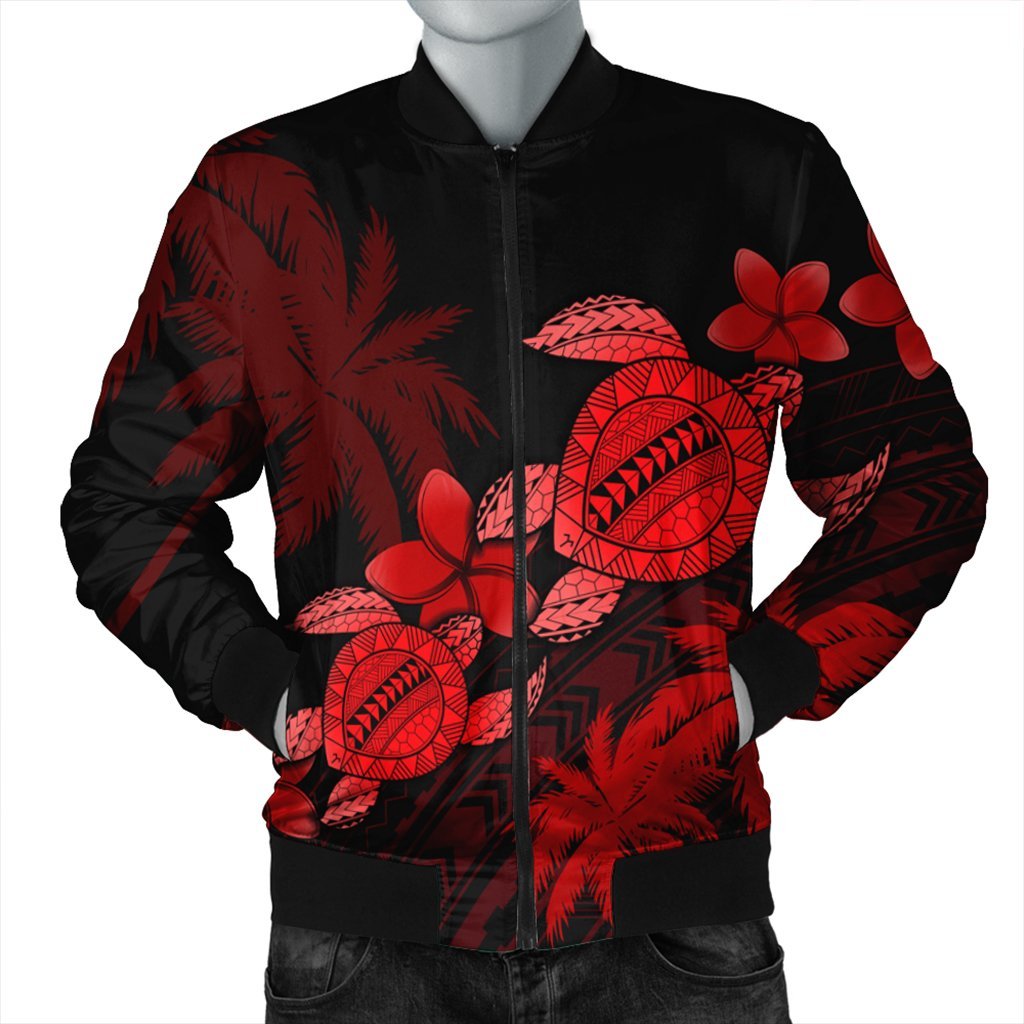 Hawaii Turtle Plumeria Coconut Tree Polynesian Bomber Jacket - Red - AH Black Unisex - Polynesian Pride