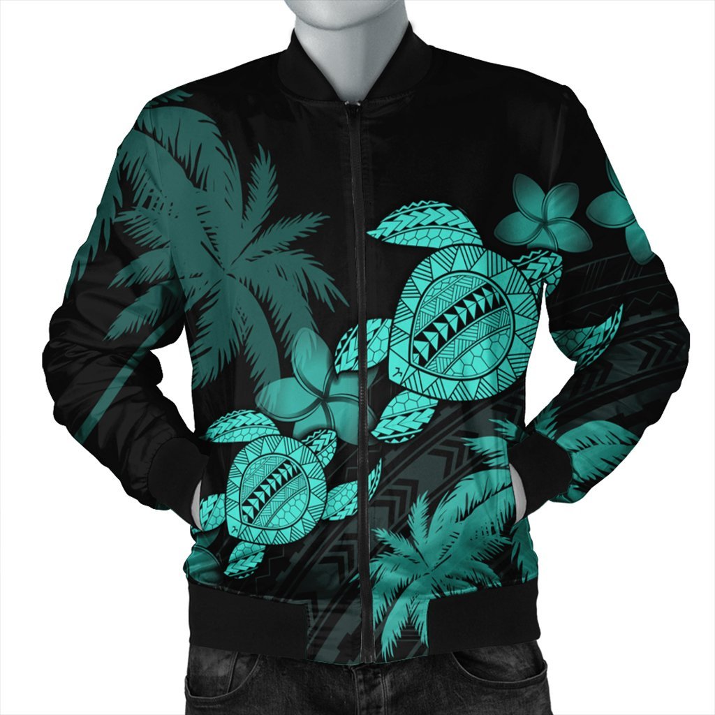 Hawaii Turtle Plumeria Coconut Tree Polynesian Bomber Jacket - Turquoise - AH Black Unisex - Polynesian Pride