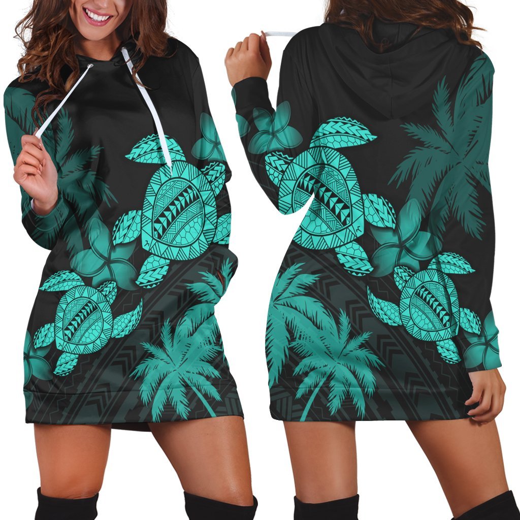 Hawaii Turtle Plumeria Coconut Tree Polynesian Hoodie Dress - Turquoise - AH Black - Polynesian Pride