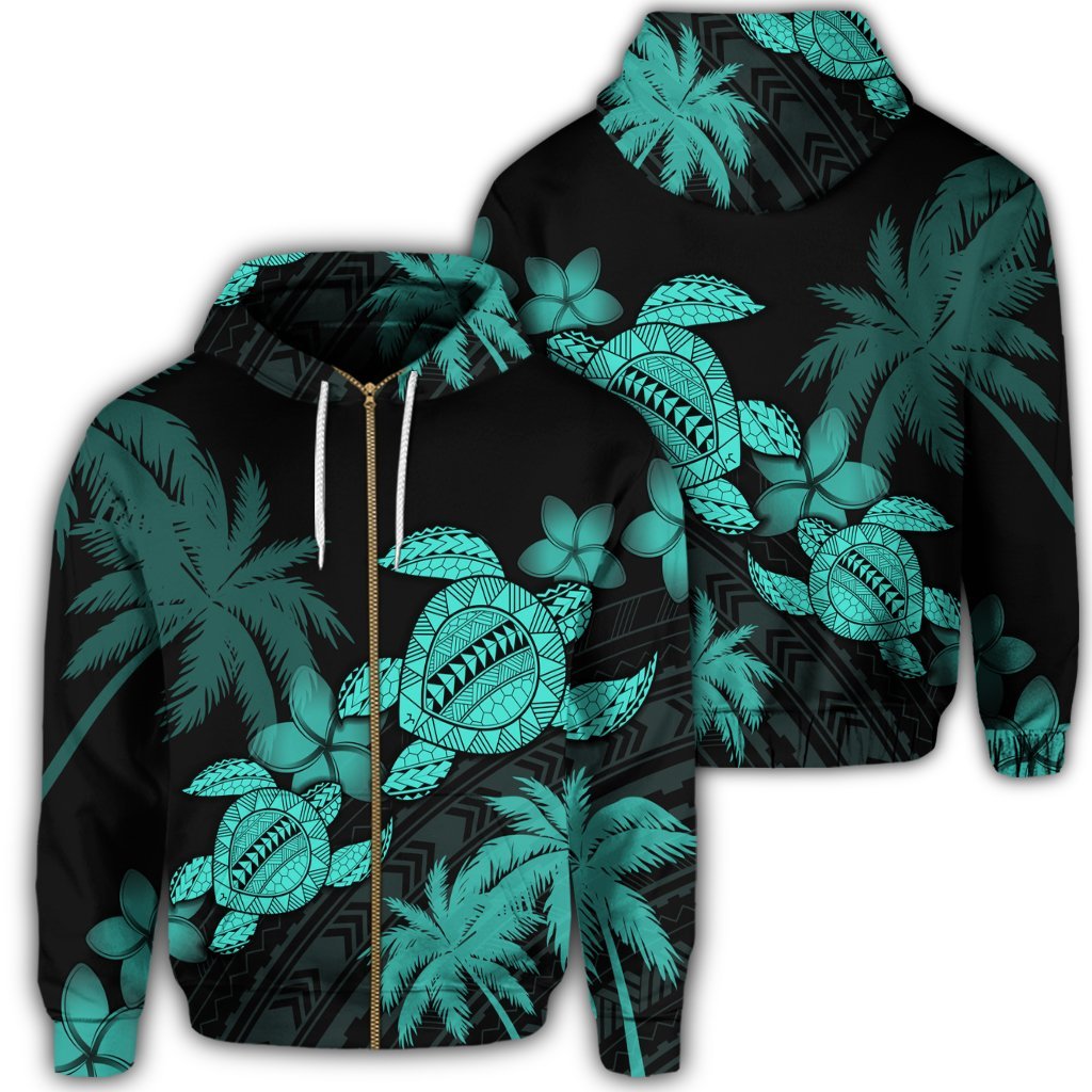 Hawaii Turtle Plumeria Coconut Tree Polynesian Zip Hoodie Turquoise Unisex Art - Polynesian Pride