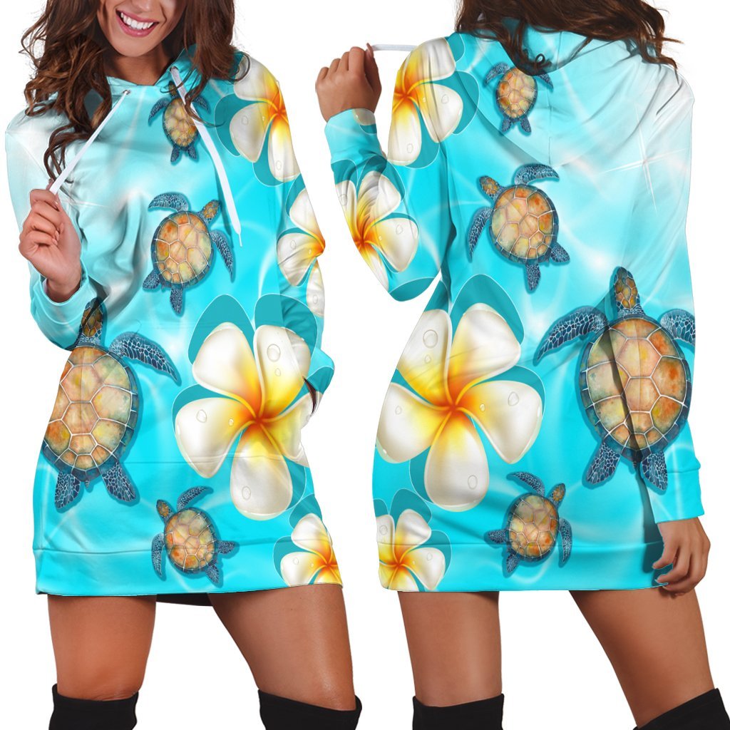 Hawaii Turtle Plumeria Ocean Hoodie Dress - AH Black - Polynesian Pride