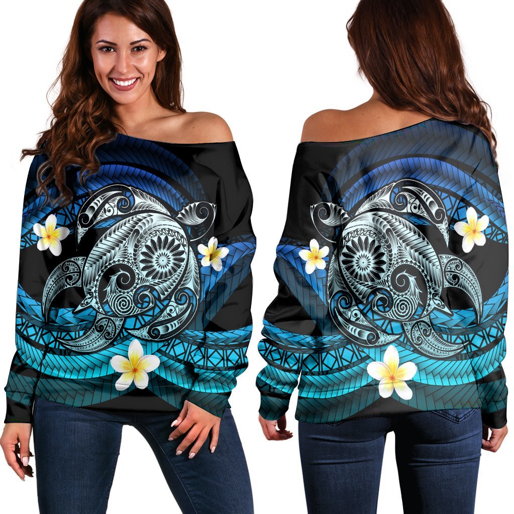 Hawaii Turtle Plumeria Polynesian Women's Off Shoulder Sweater - Mela Style - AH Black - Polynesian Pride