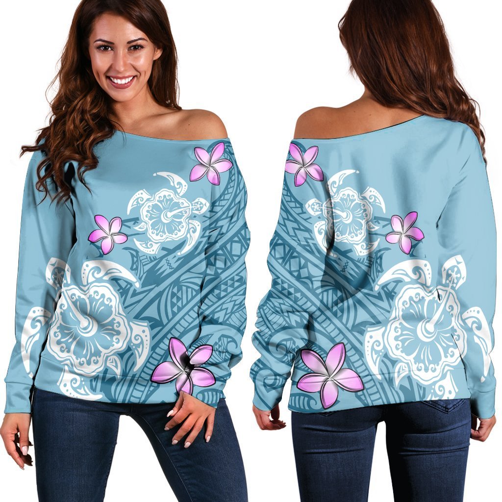 Hawaii Turtle Plumeria Polynesian Simple Women's Off Shoulder Sweater - AH Black - Polynesian Pride