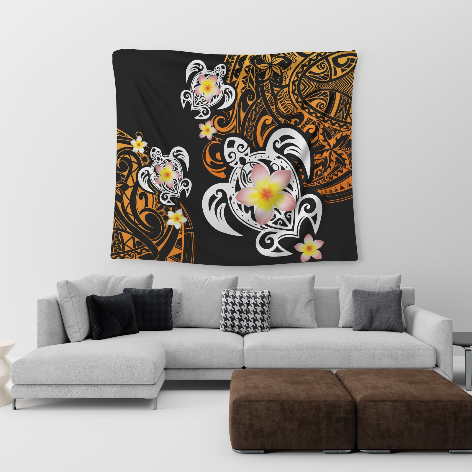 Hawaii Turtle Plumeria Polynesian Tapestry - Hete Style - AH Wall Tapestry Black - Polynesian Pride