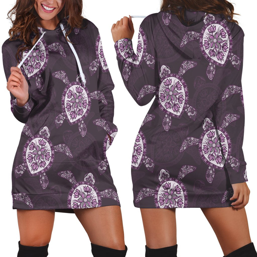 Hawaii Turtle Plumeria Violet Hoodie Dress - AH Black - Polynesian Pride