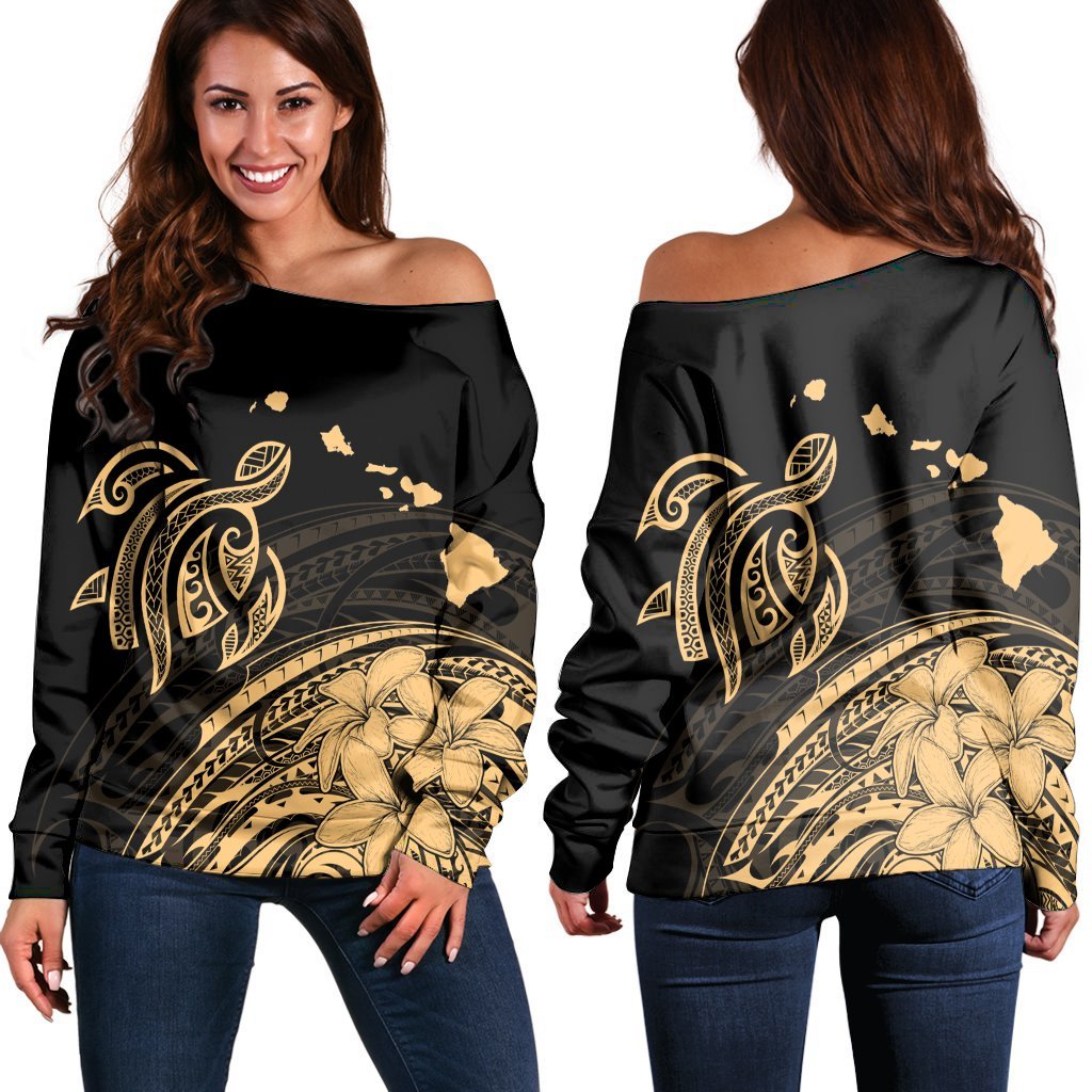 Hawaii Turtle Polynesian Map Plumeria Women's Off Shoulder Sweater - AH Black - Polynesian Pride