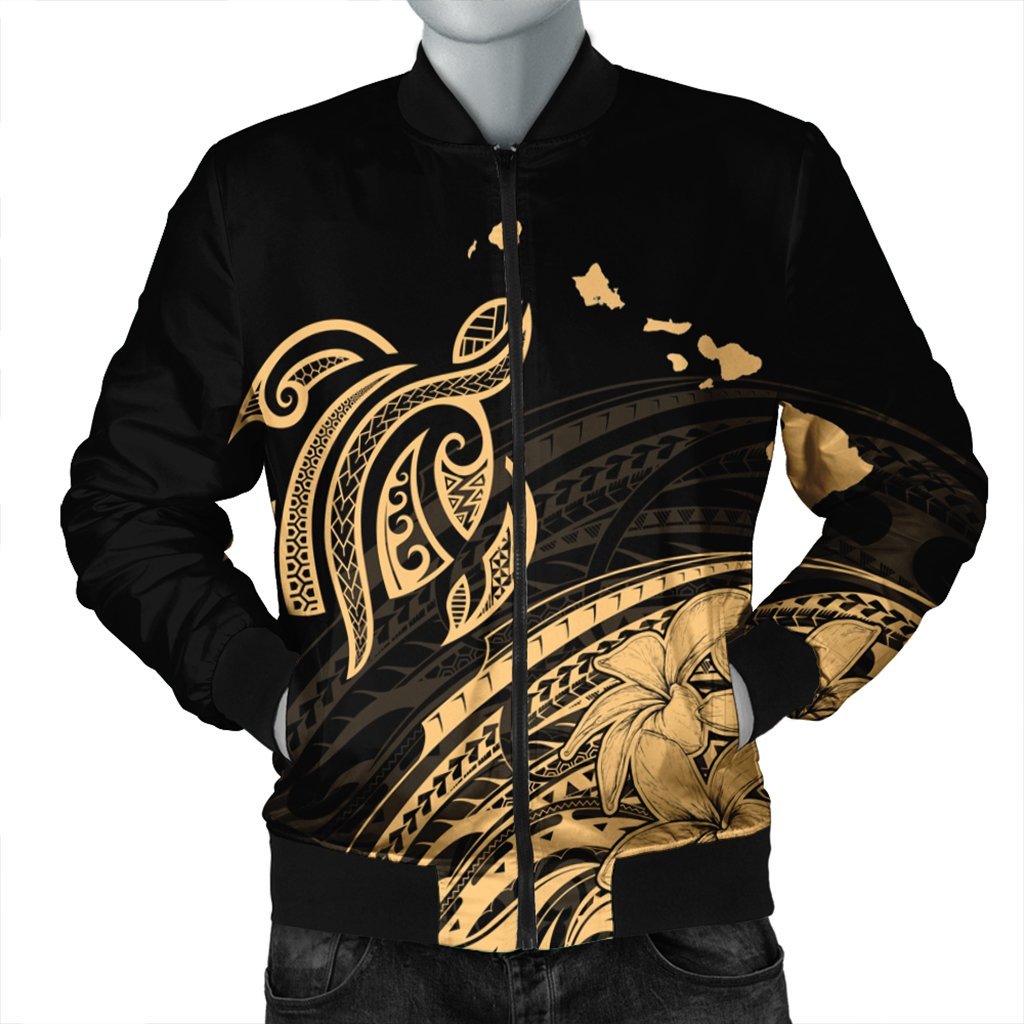 Hawaii Turtle Polynesian Map Plumeria Bomber Jacket - AH Black Unisex - Polynesian Pride