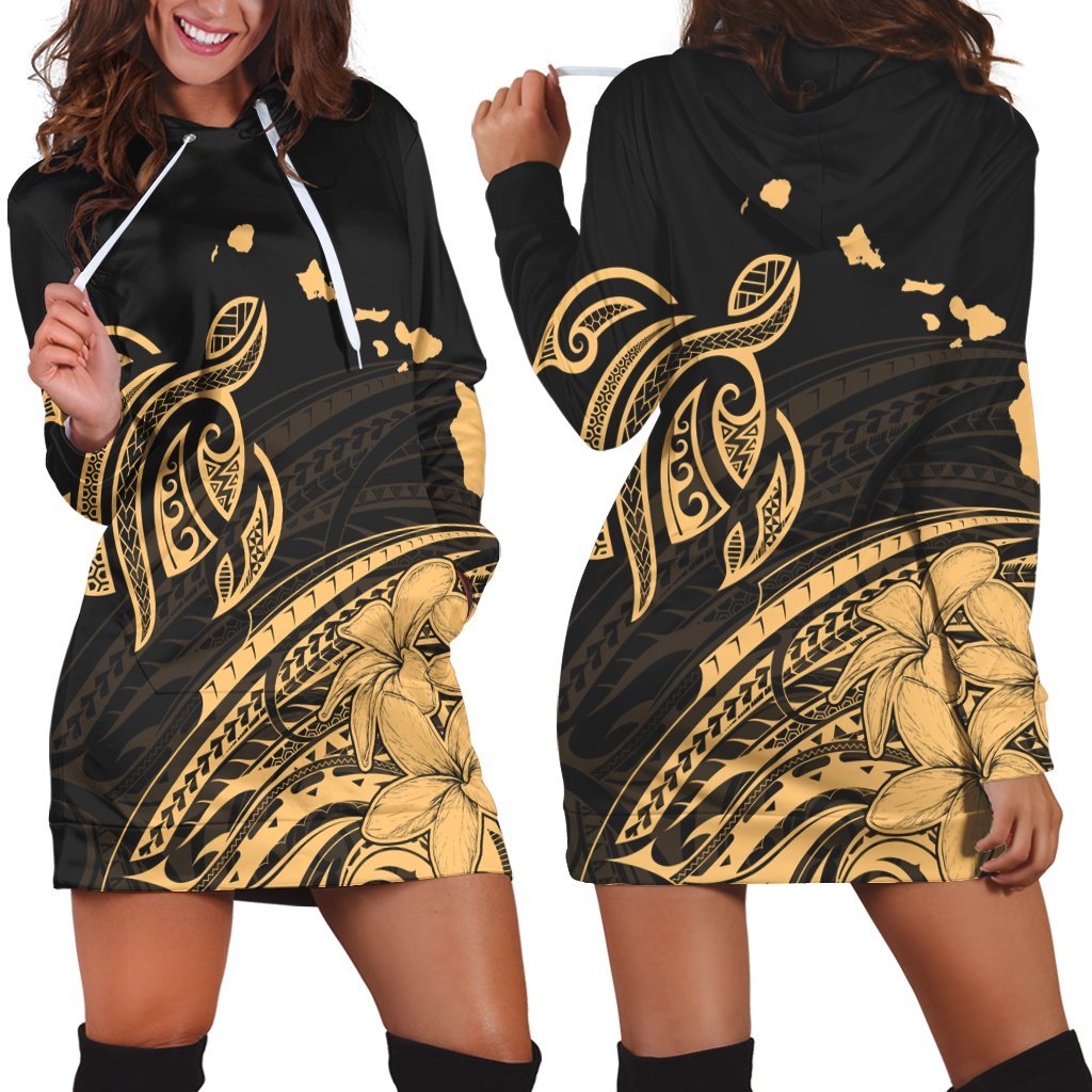 Hawaii Turtle Polynesian Map Plumeria Hoodie Dress - AH Black - Polynesian Pride