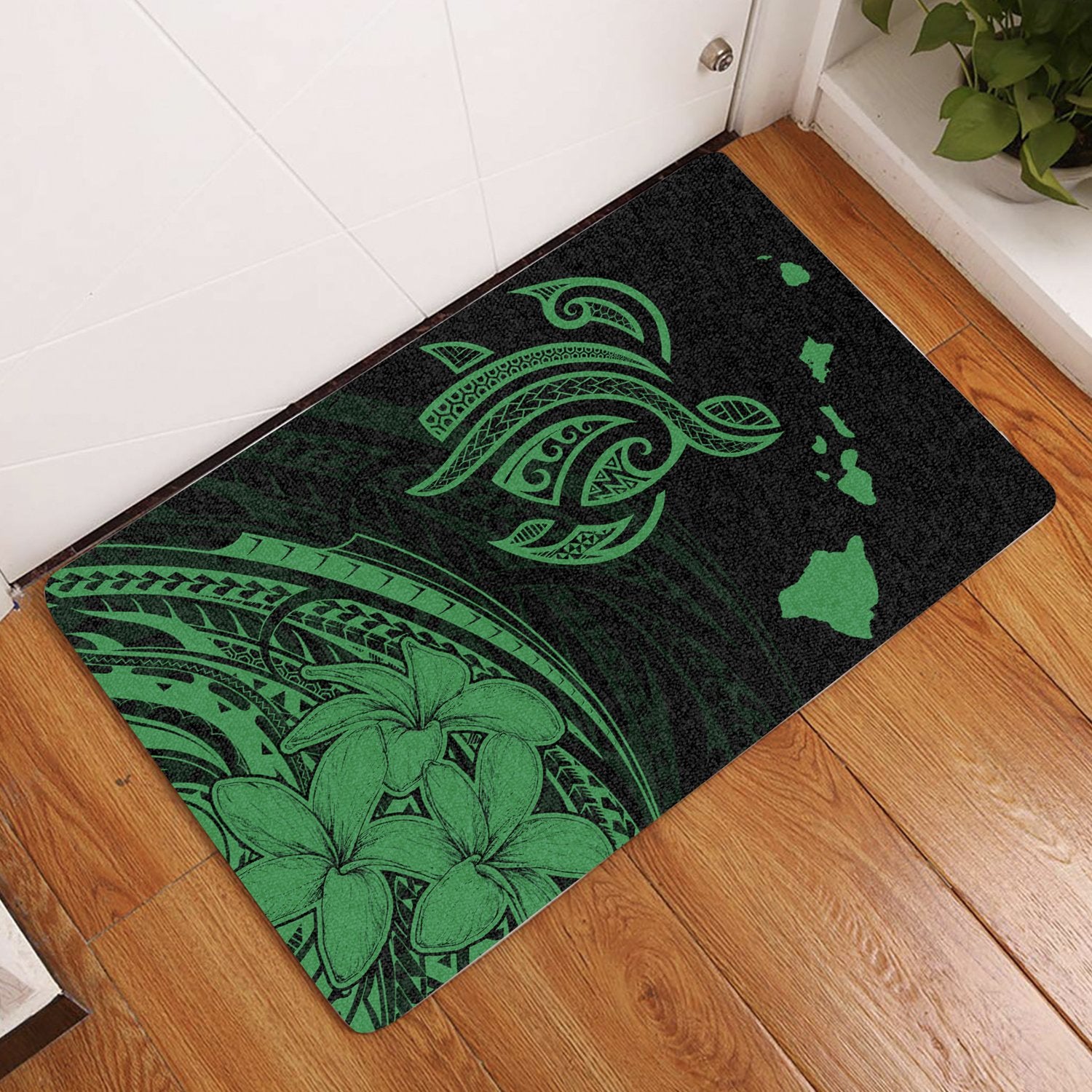 Hawaii Turtle Polynesian Map Plumeria Door Mat Green AH Door Mat Green - Polynesian Pride