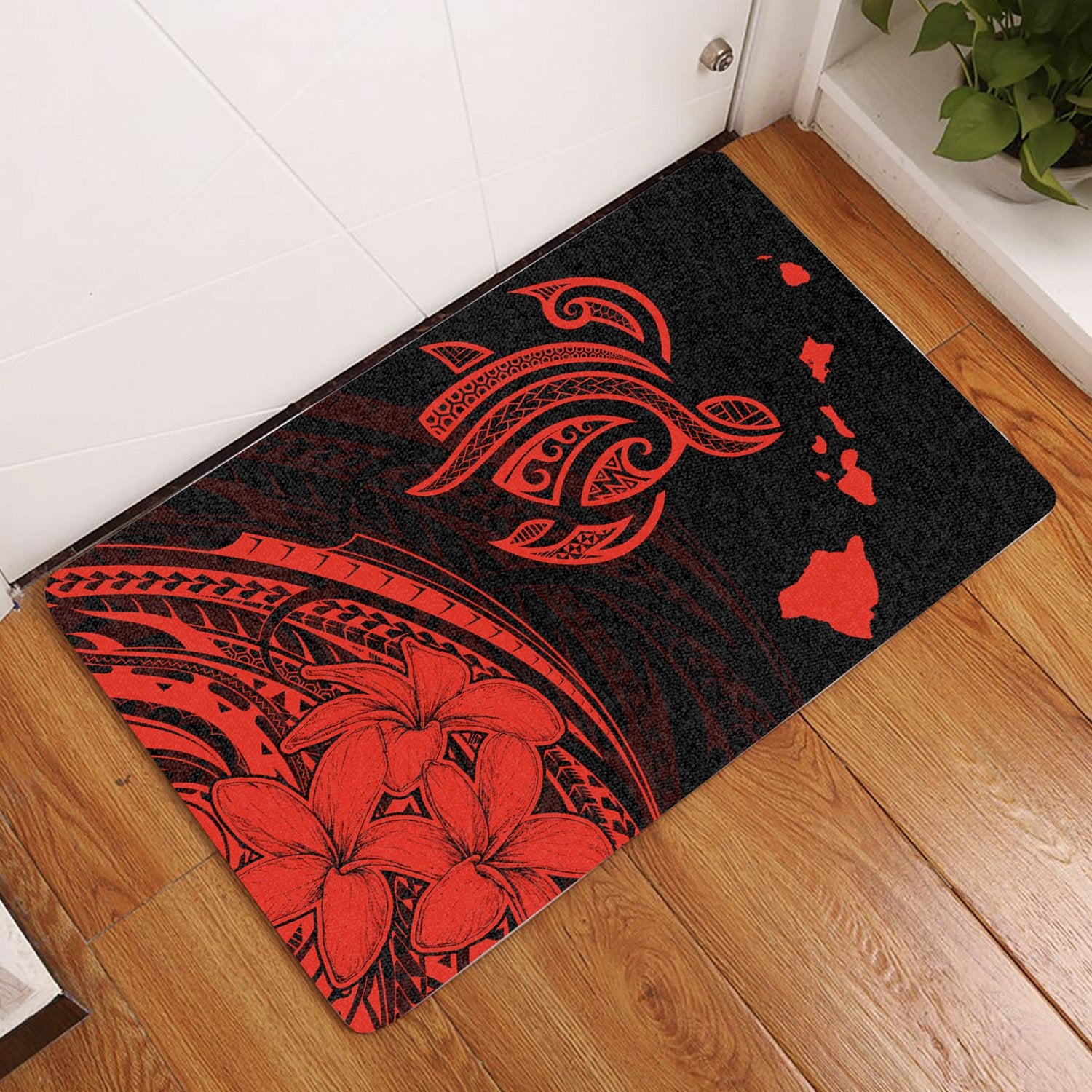 Hawaii Turtle Polynesian Map Plumeria Door Mat Red AH Door Mat Red - Polynesian Pride