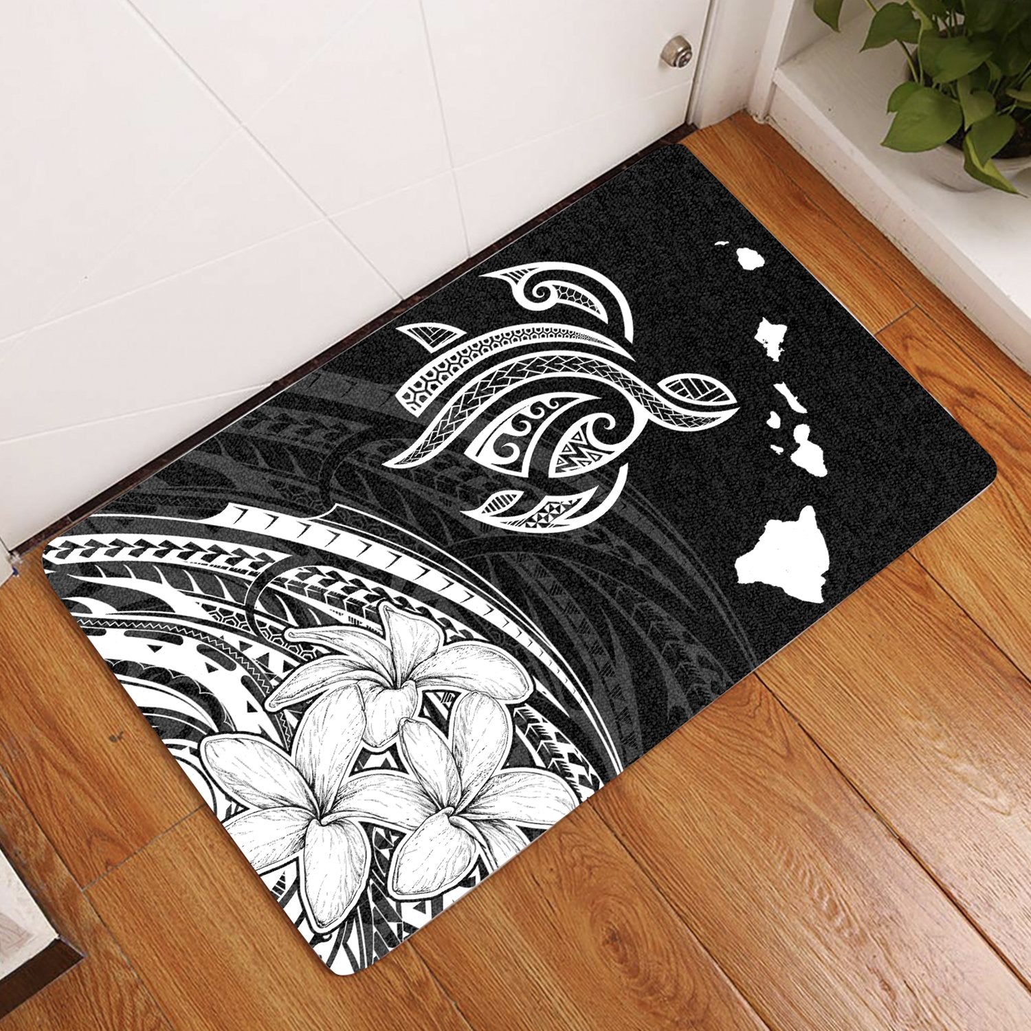 Hawaii Turtle Polynesian Map Plumeria Door Mat White AH Door Mat White - Polynesian Pride