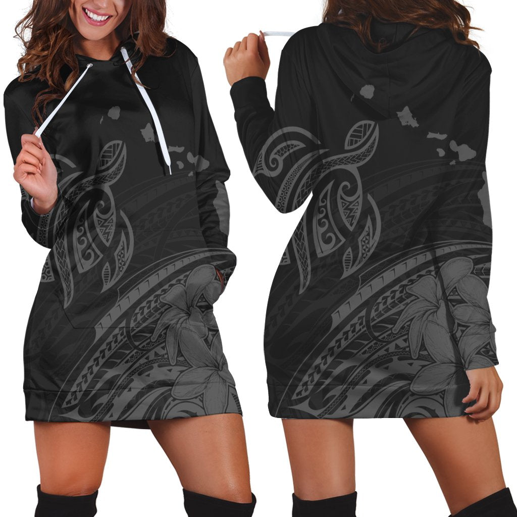 Hawaii Turtle Polynesian Map Plumeria Hoodie Dress Gray - AH Black - Polynesian Pride