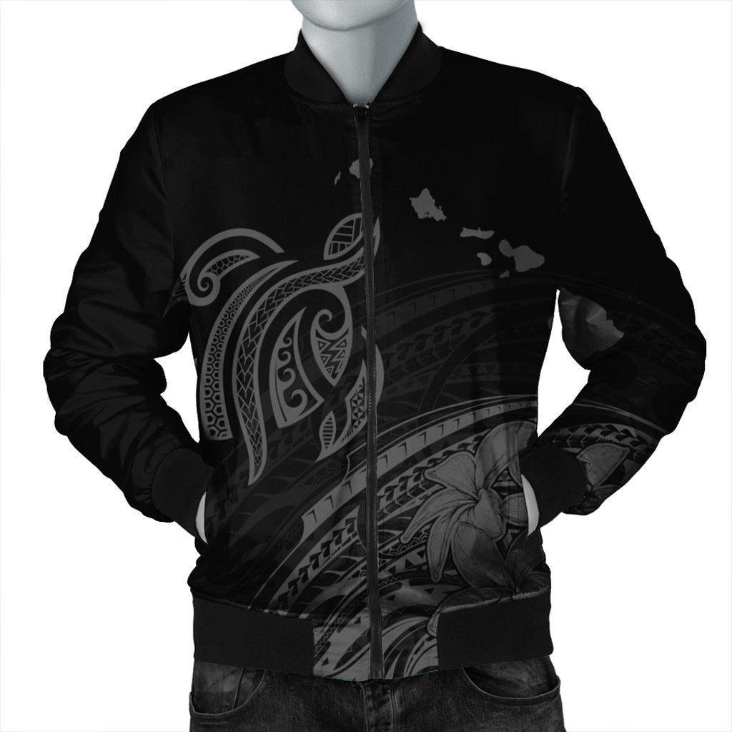 Hawaii Turtle Polynesian Map Plumeria Bomber Jacket Gray - AH Black Unisex - Polynesian Pride