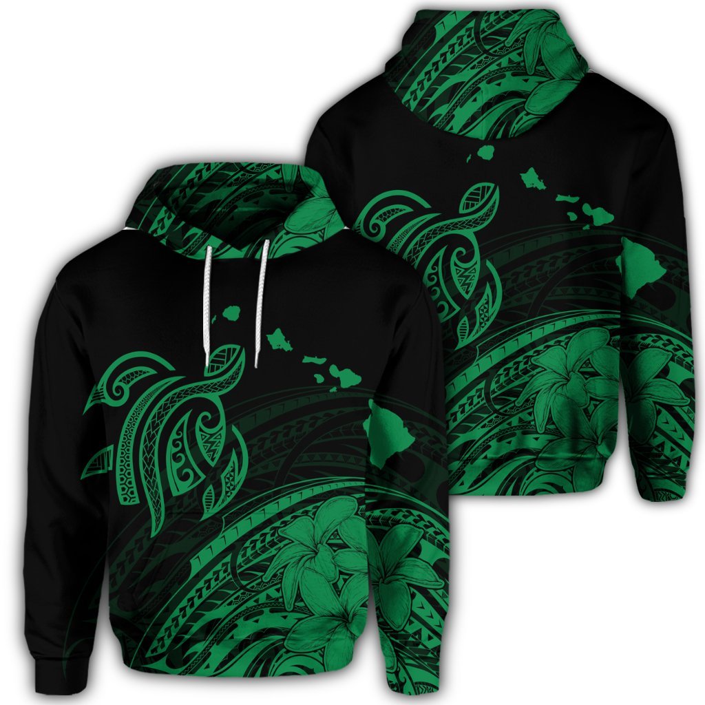 Hawaiian Turtle Polynesian Map Plumeria Hoodie Green Unisex Art - Polynesian Pride