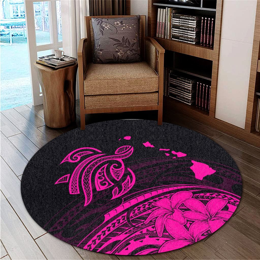 Hawaii Turtle Polynesian Map Plumeria Round Carpet Pink - AH - Polynesian Pride