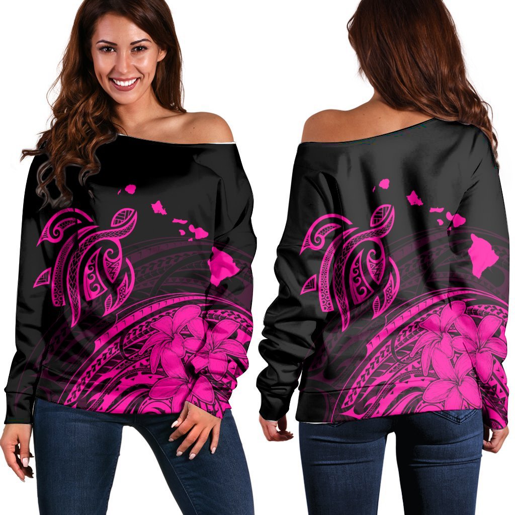 Hawaii Turtle Polynesian Map Plumeria Women's Off Shoulder Sweater Pink - AH Black - Polynesian Pride