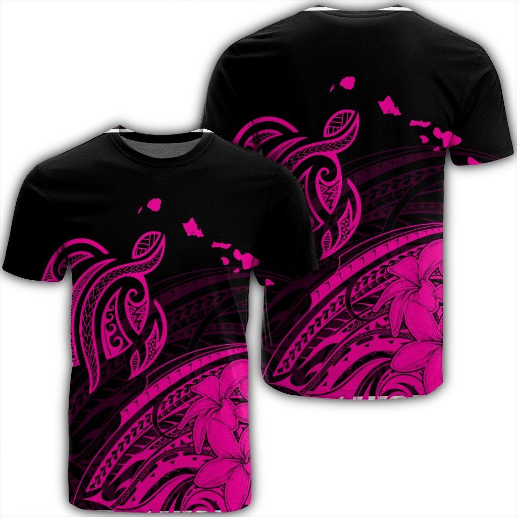 Hawaii Turtle Polynesian Map Plumeria T Shirt Pink Unisex Black - Polynesian Pride