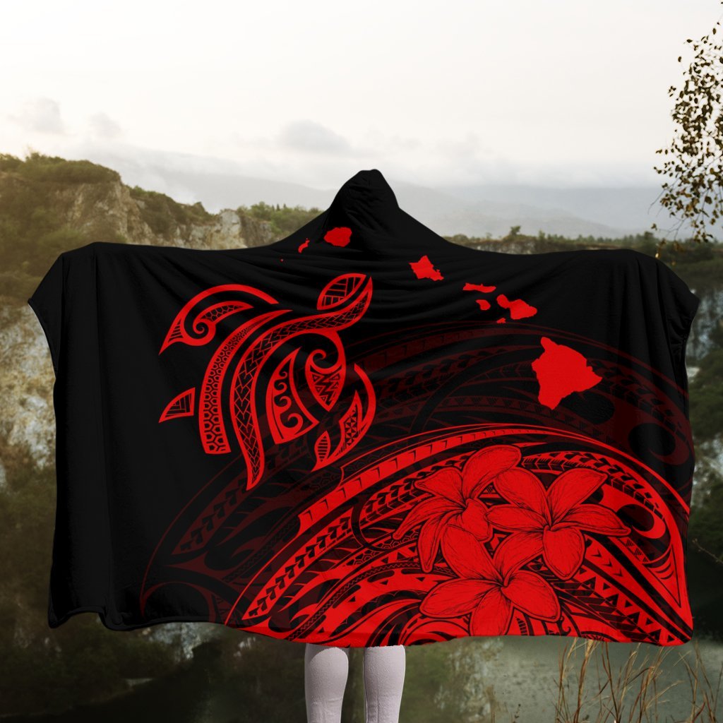 Hawaii Turtle Polynesian Map Plumeria Hooded Blanket Red - AH - Polynesian Pride