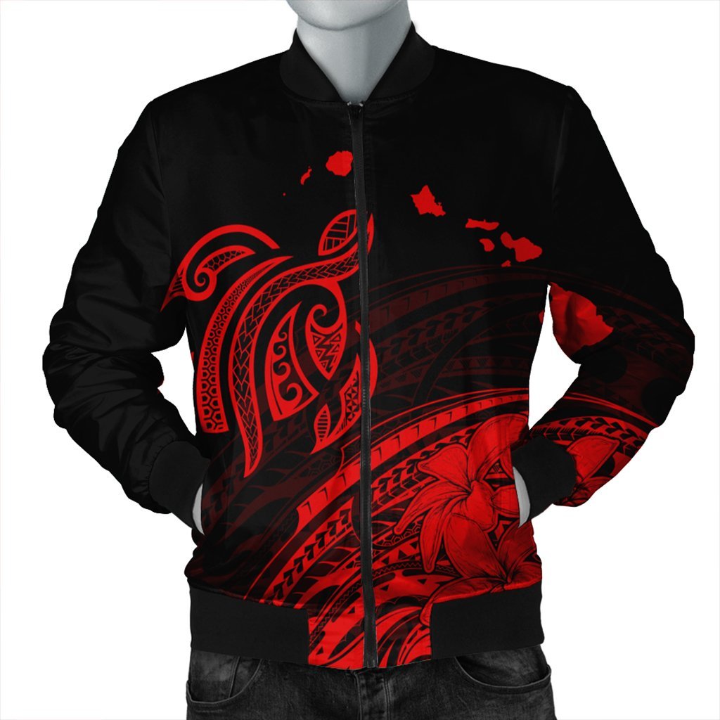 Hawaii Turtle Polynesian Map Plumeria Bomber Jacket Red - AH Black Unisex - Polynesian Pride