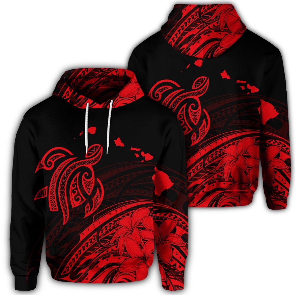 Hawaiian Turtle Polynesian Map Plumeria Hoodie Red Unisex Art - Polynesian Pride