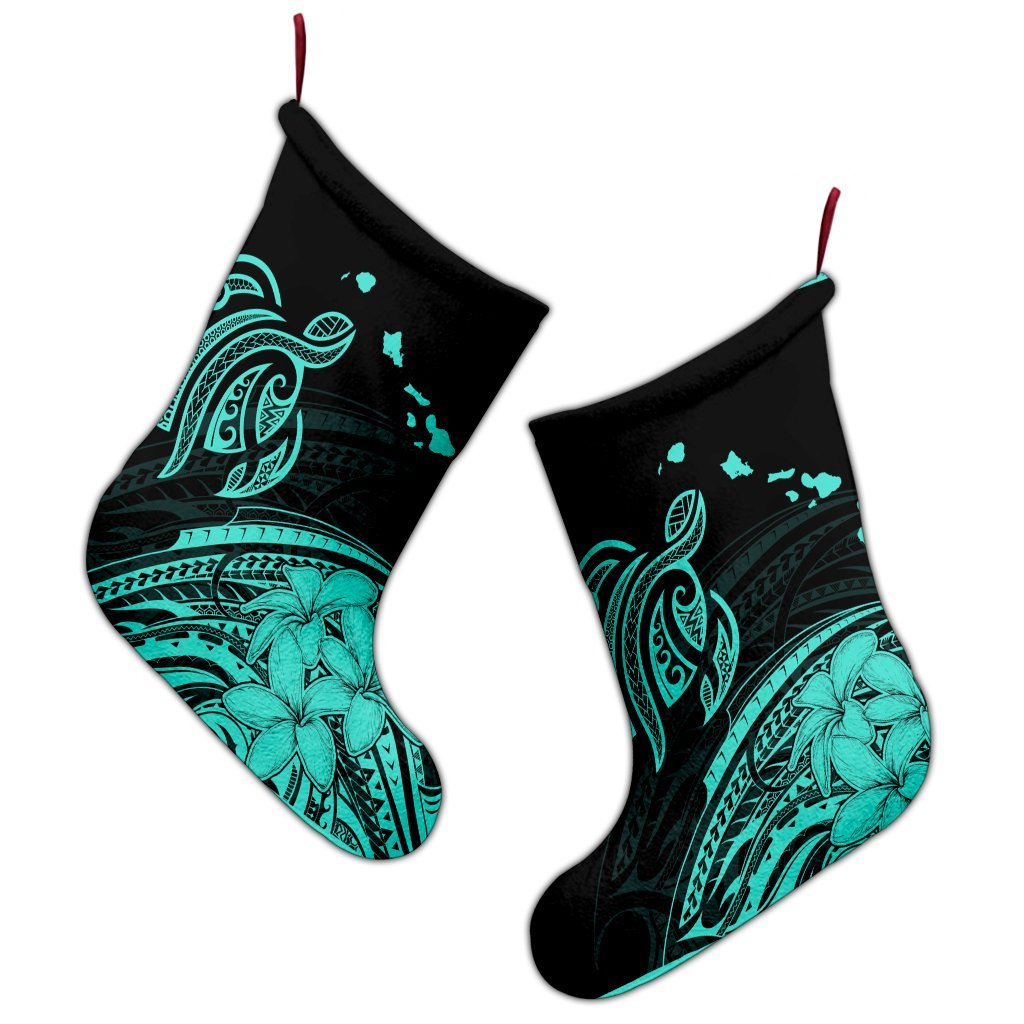 Hawaii Turtle Polynesian Map Plumeria Christmas Stocking Turquoise - AH - Polynesian Pride