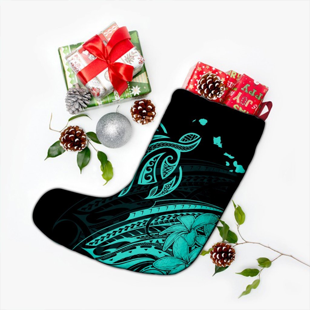 Hawaii Turtle Polynesian Map Plumeria Christmas Stocking Turquoise - AH - Polynesian Pride