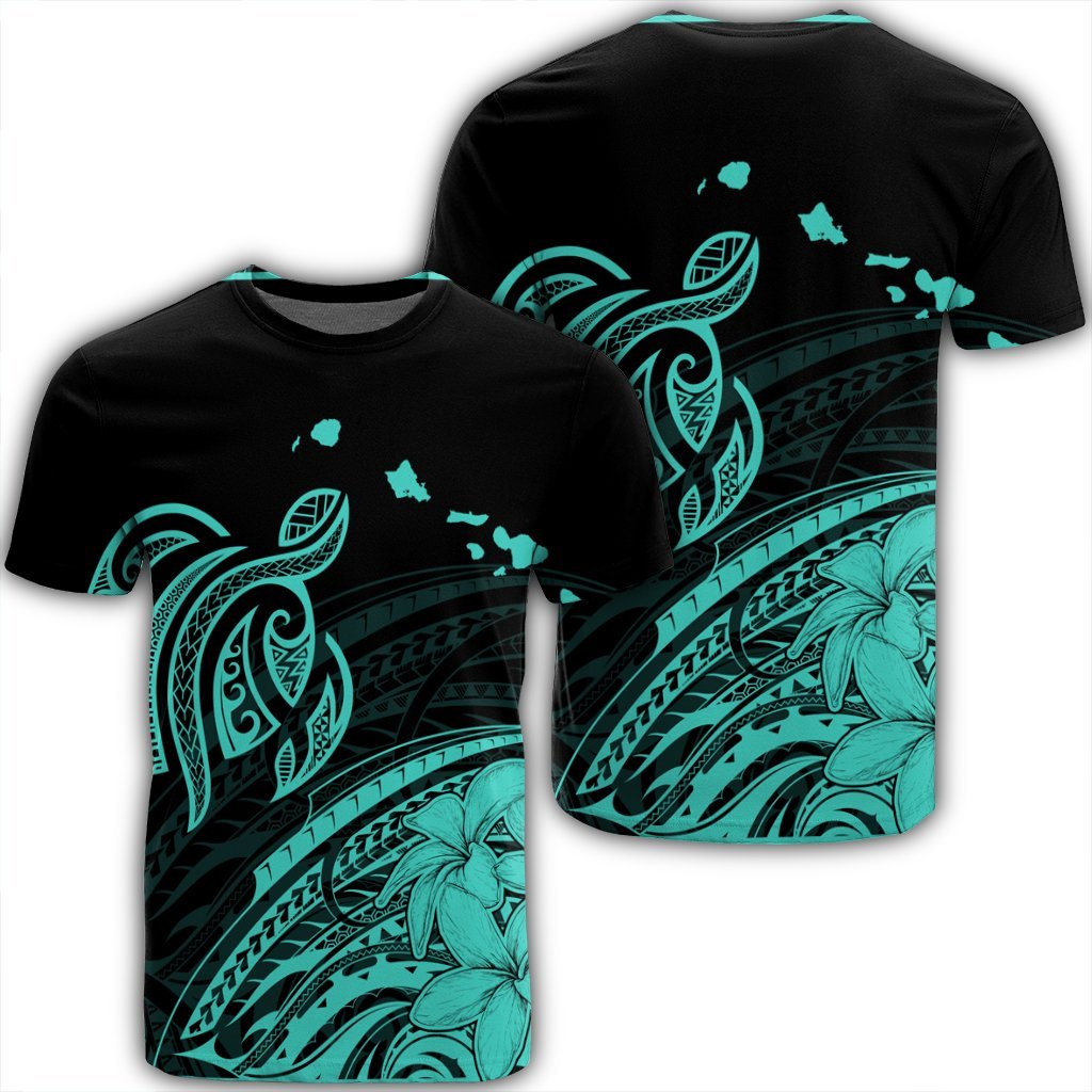 Hawaii Turtle Polynesian Map Plumeria T Shirt Turquoise Unisex Black - Polynesian Pride