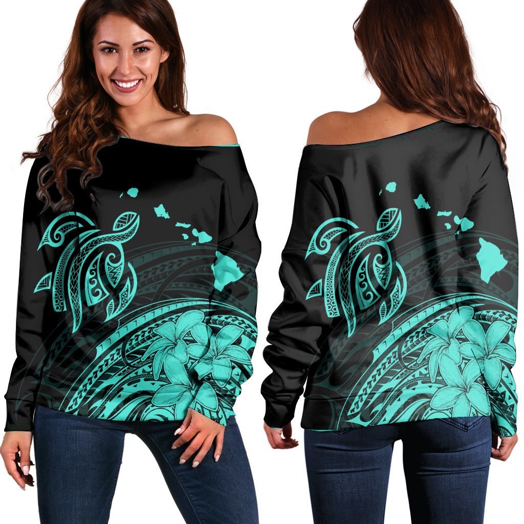 Hawaii Turtle Polynesian Map Plumeria Women's Off Shoulder Sweater Turquoise - AH Black - Polynesian Pride