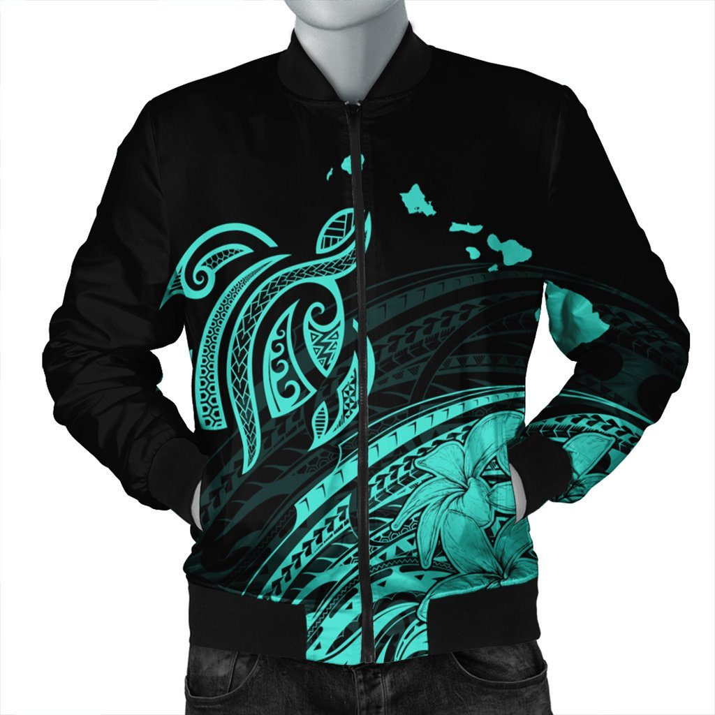 Hawaii Turtle Polynesian Map Plumeria Bomber Jacket Turquoise - AH Black Unisex - Polynesian Pride