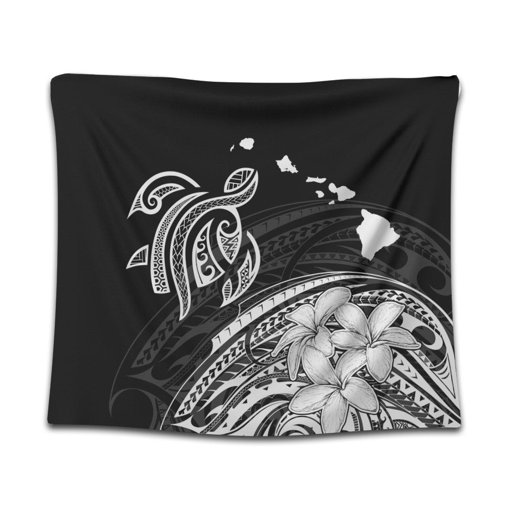 Hawaii Turtle Polynesian Map Plumeria Tapestry White - AH Wall Tapestry Black - Polynesian Pride