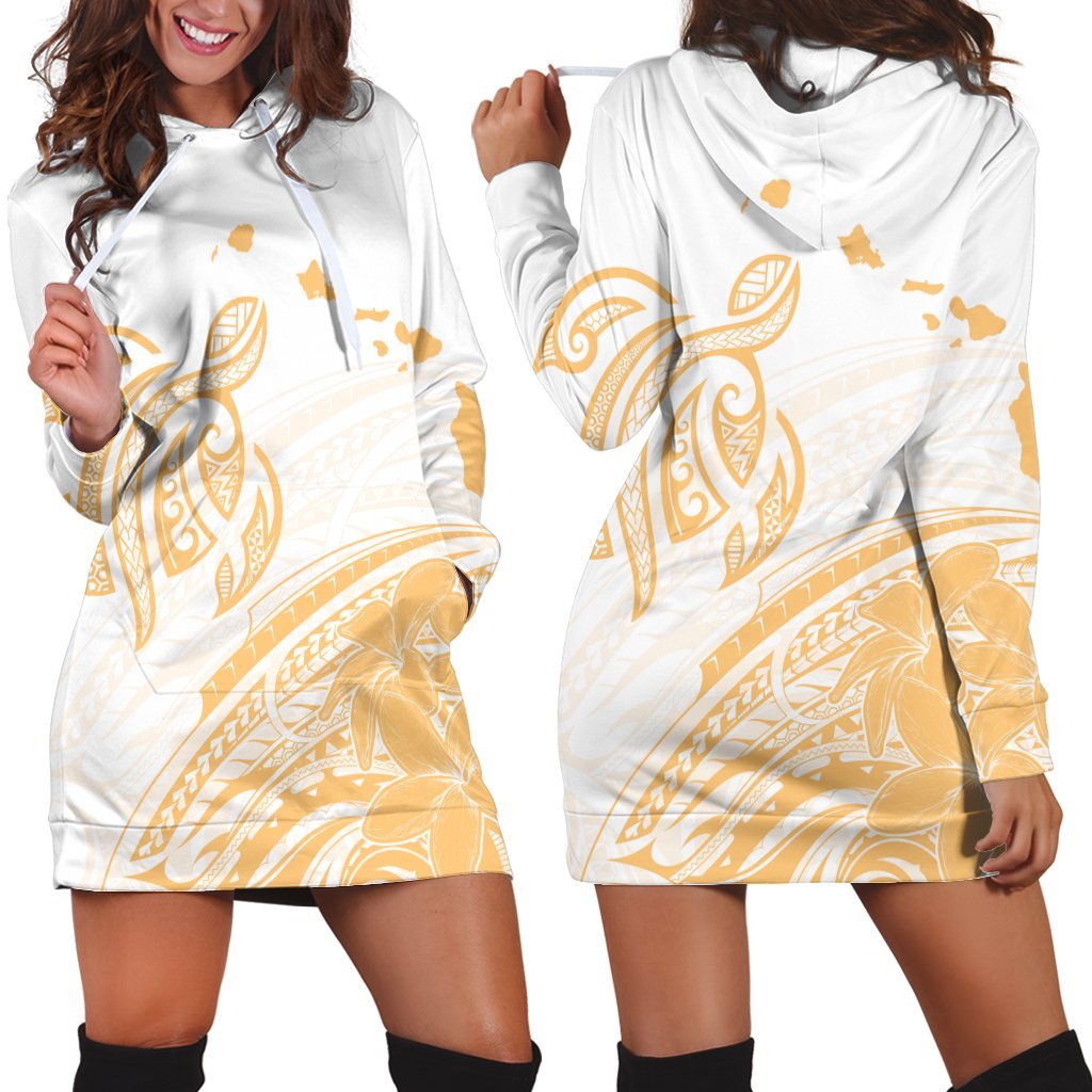 Hawaii Turtle Polynesian Map Plumeria White Background Hoodie Dress - AH Black - Polynesian Pride