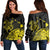 Hawaii Turtle Polynesian Map Plumeria Yellow Women's Off Shoulder Sweater - AH Black - Polynesian Pride