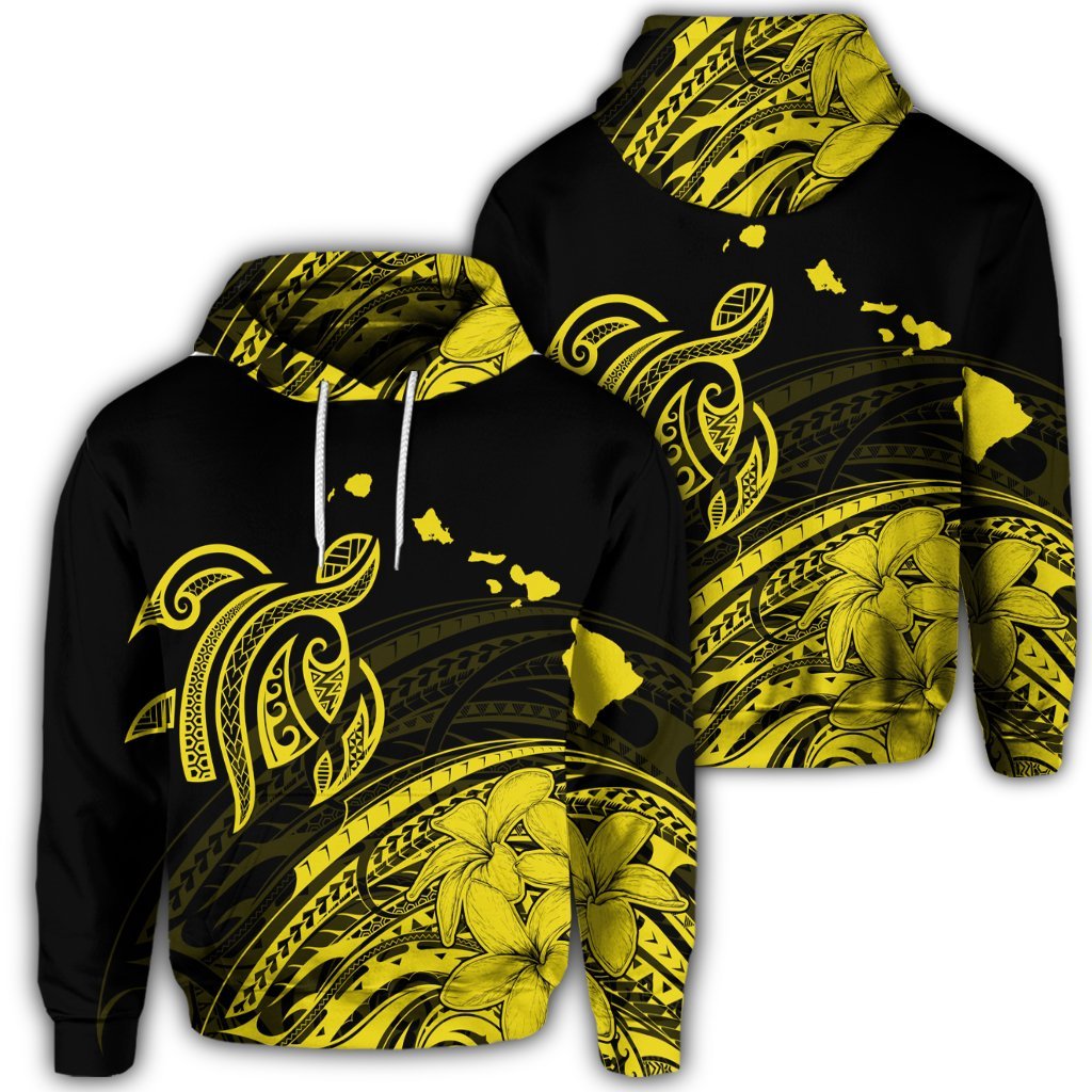 Hawaiian Turtle Polynesian Map Plumeria Hoodie Yellow Unisex Art - Polynesian Pride