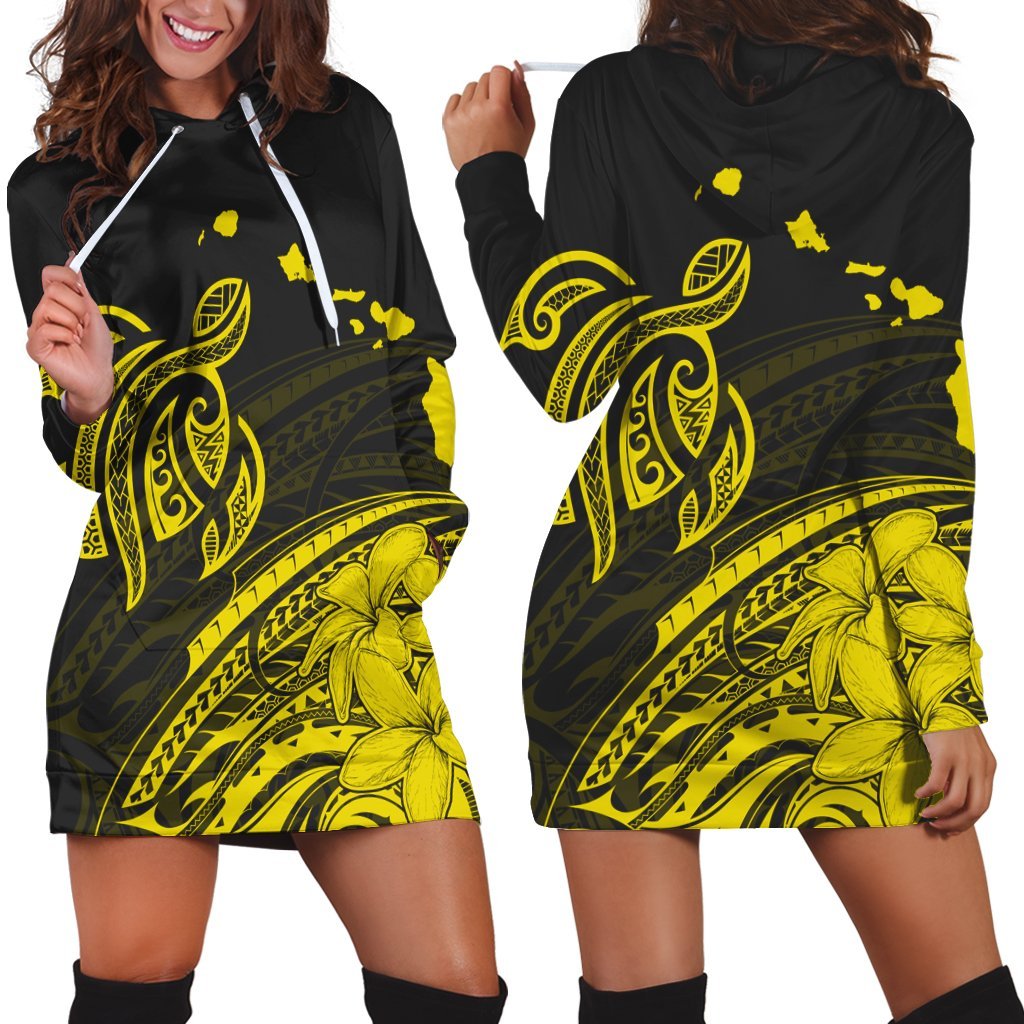 Hawaii Turtle Polynesian Map Plumeria Yellow Hoodie Dress - AH Black - Polynesian Pride