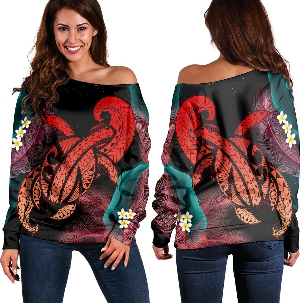 Hawaii Turtle Polynesian Tropical Women's Off Shoulder Sweater - Ghia Style Red - AH Black - Polynesian Pride