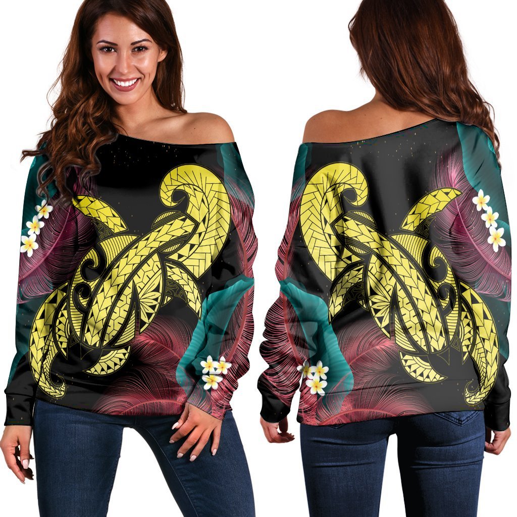 Hawaii Turtle Polynesian Tropical Women's Off Shoulder Sweater - Ghia Style Yellow - AH Black - Polynesian Pride