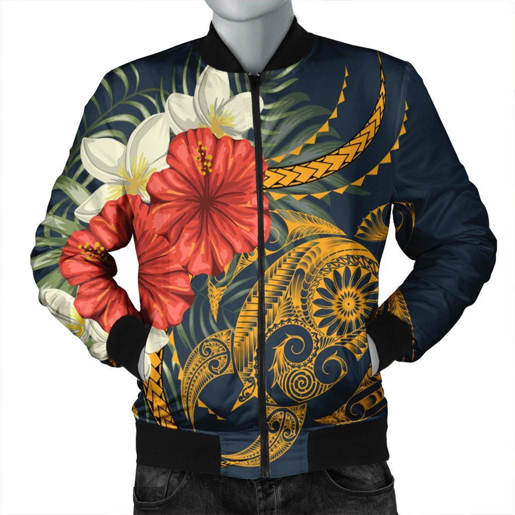 Hawaii Turtle Polynesian Tropical Hibiscus Plumeria Bomber Jacket - AH Black Unisex - Polynesian Pride