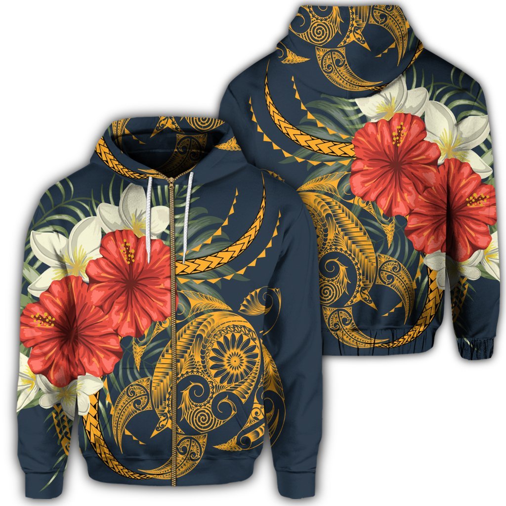 Hawaii Turtle Polynesian Tropical Hibiscus Plumeria Zip Hoodie Unisex Art - Polynesian Pride