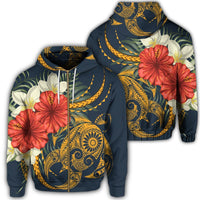 Hawaii Turtle Polynesian Tropical Hibiscus Plumeria Zip Hoodie Unisex Art - Polynesian Pride