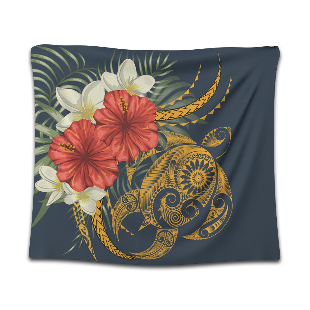 Hawaii Turtle Polynesian Tropical Hibiscus Plumeria Tapestry - AH Wall Tapestry Black - Polynesian Pride