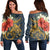 Hawaii Turtle Polynesian Tropical Hibiscus Plumeria Women's Off Shoulder Sweater - AH Black - Polynesian Pride