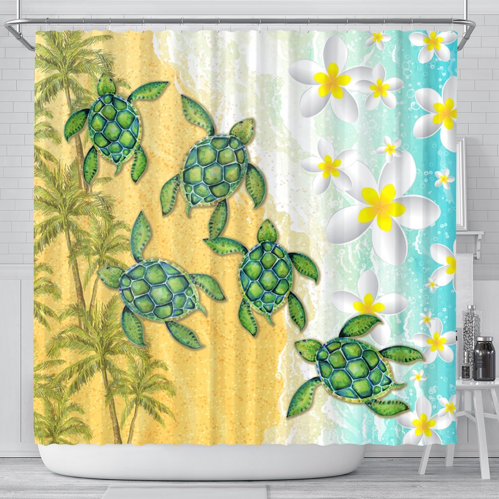 Hawaii Turtle Sea Hibiscus Coconut Tree Shower Curtain - AH 177 x 172 (cm) Black - Polynesian Pride