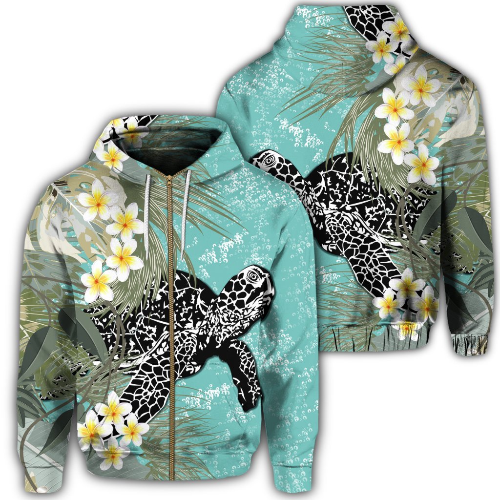 Hawaii Turtle Sea Plumeria Zip Hoodie Unisex Art - Polynesian Pride