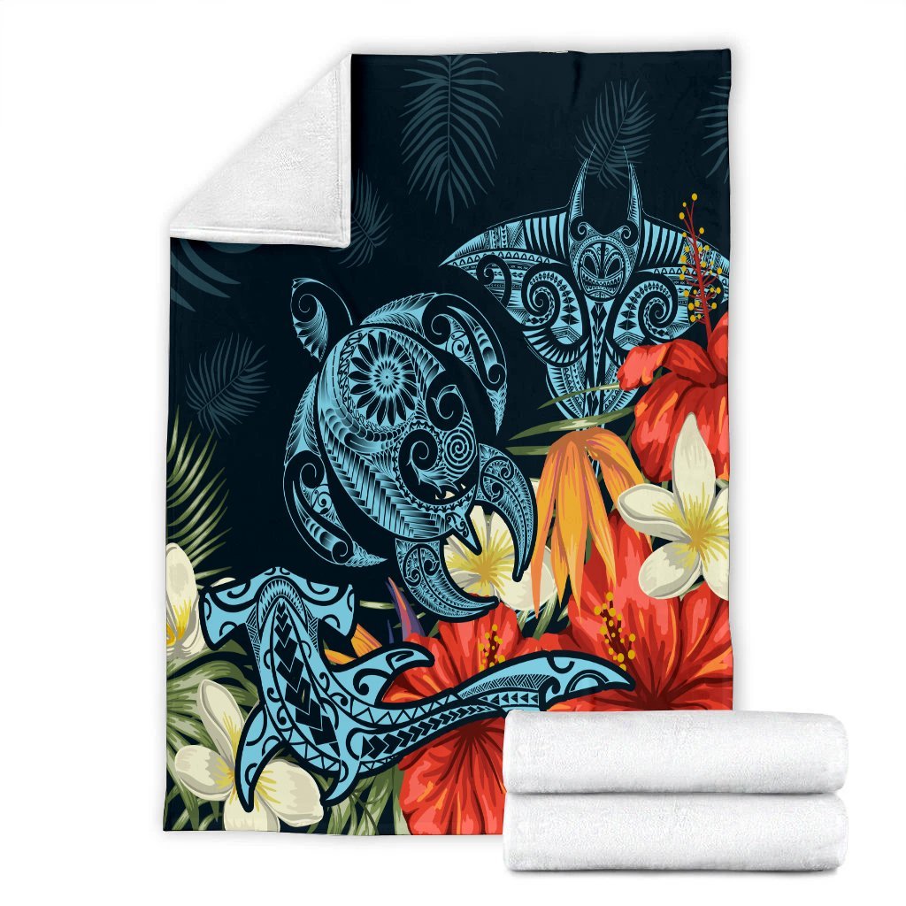 Hawaii Turtle Shark Manta Ray Hibiscus Plumeria Premium Blankets - AH - Polynesian Pride