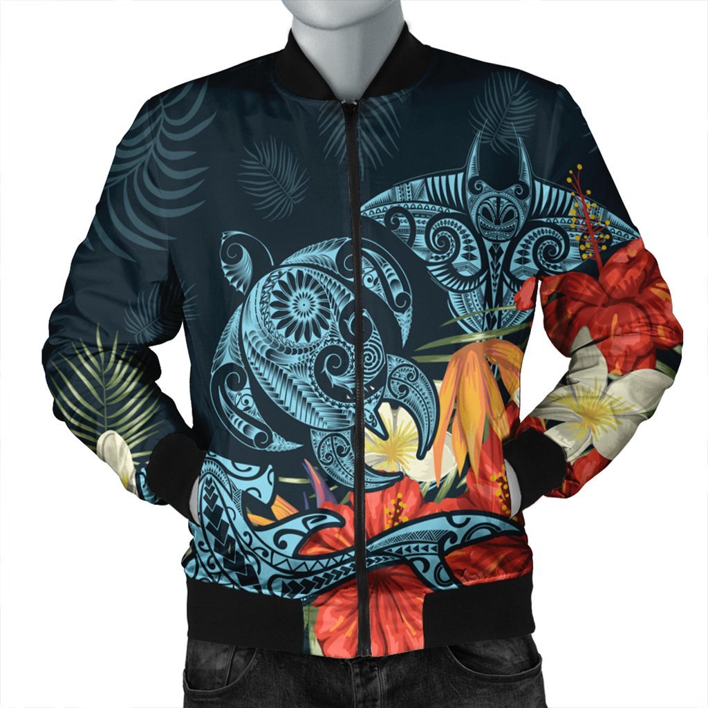 Hawaii Turtle Shark Manta Ray Hibiscus Plumeria Bomber Jacket - AH Black Unisex - Polynesian Pride